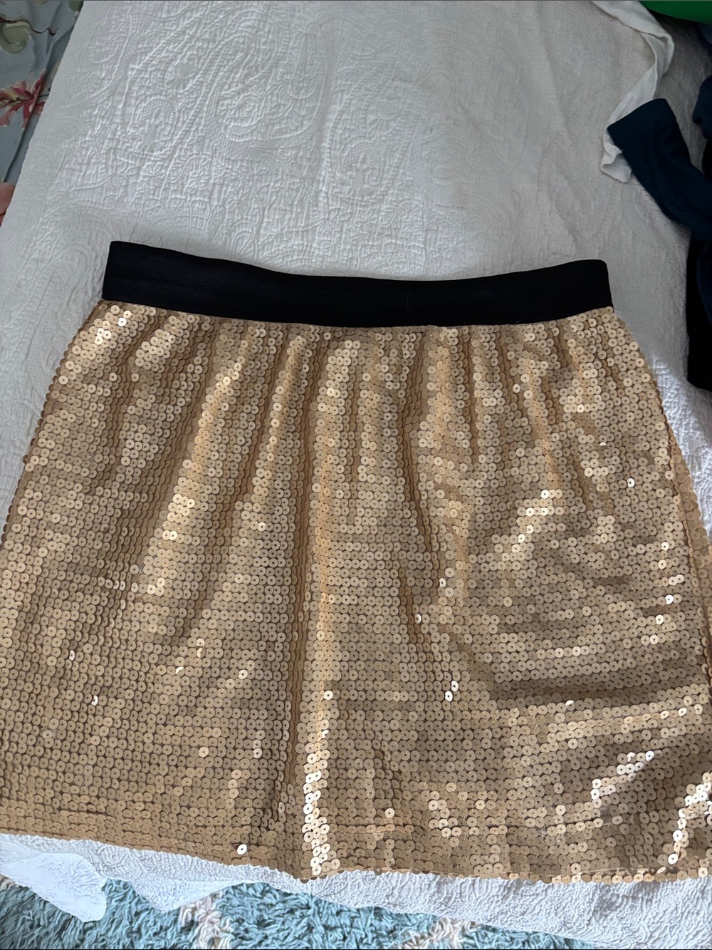 Forever 21 Gold Sequin Skater Skirt with Black Waistband